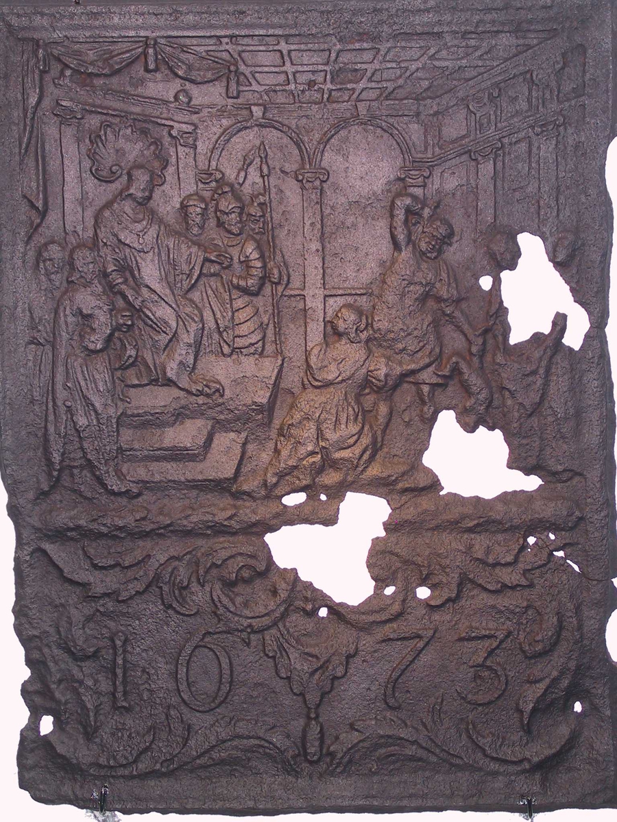 Kong Salamos dom. Kongen og hans hoff sitter, mens de to kvinnene står, en soldat holder barnet og løfter et sverd. 