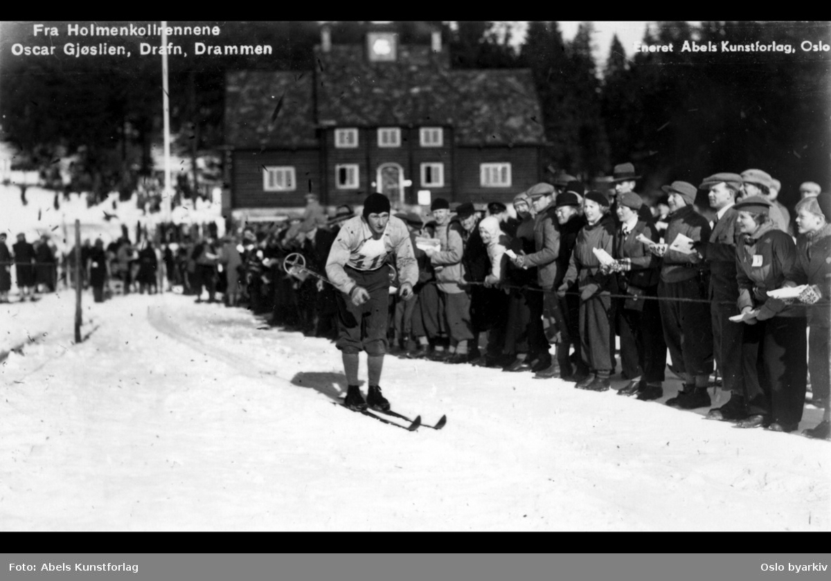 Skiløper, publikum langs løypa, Holmenkollrennene, Skistua, vinter