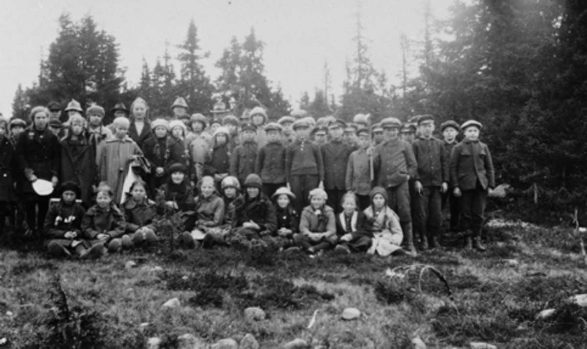 Gruppe barn på skogplanting, Brøttum, Ringsaker.