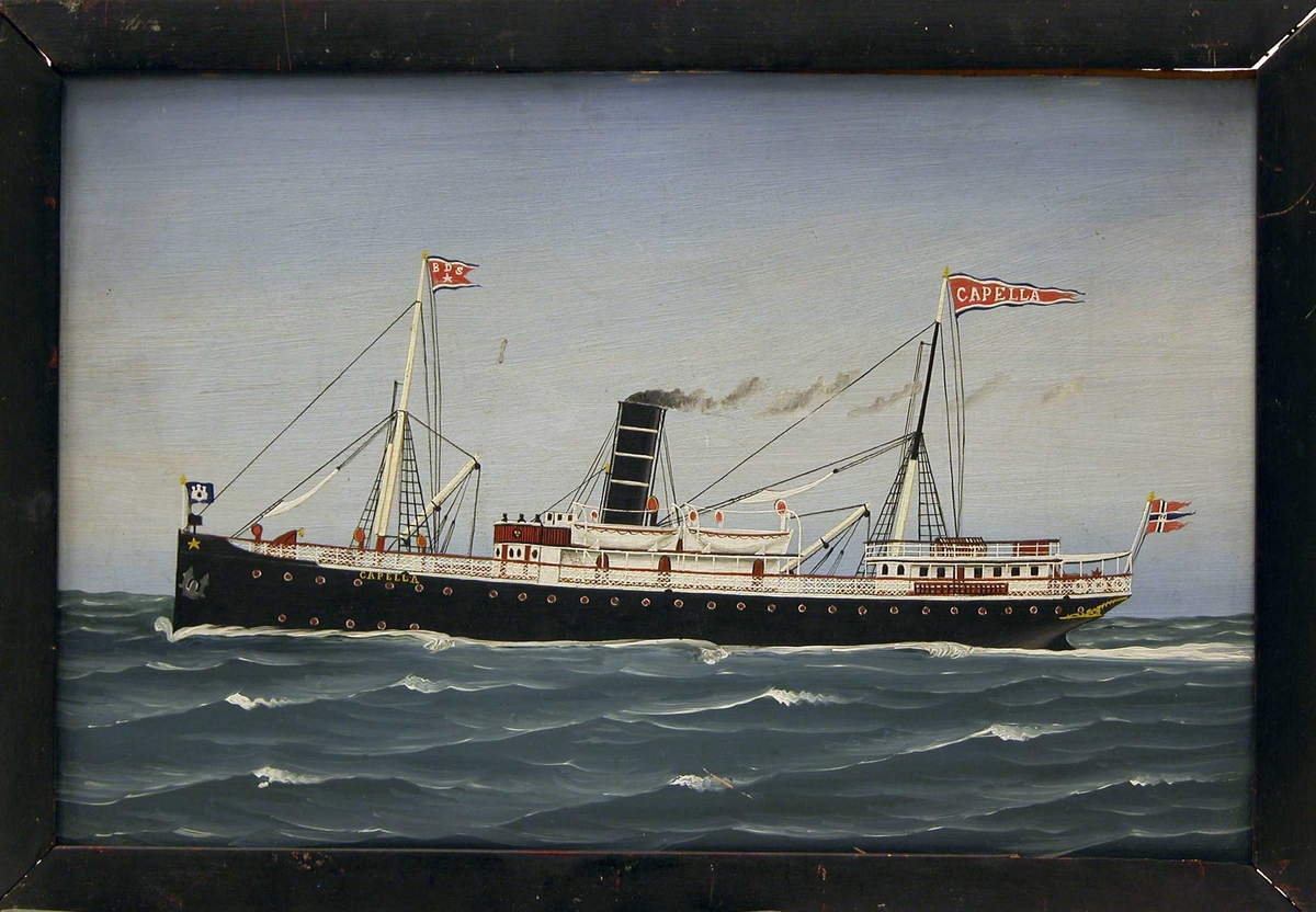 Maleri av dampskipet "Capella", Bergenske Dampskipsselskap, i fart på havet.