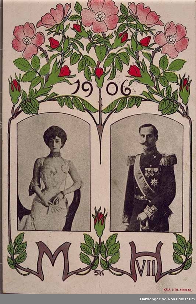 Gruppe, portrett, kvinne, mann, postkort. Dronning Maud og Kong Haakon VII