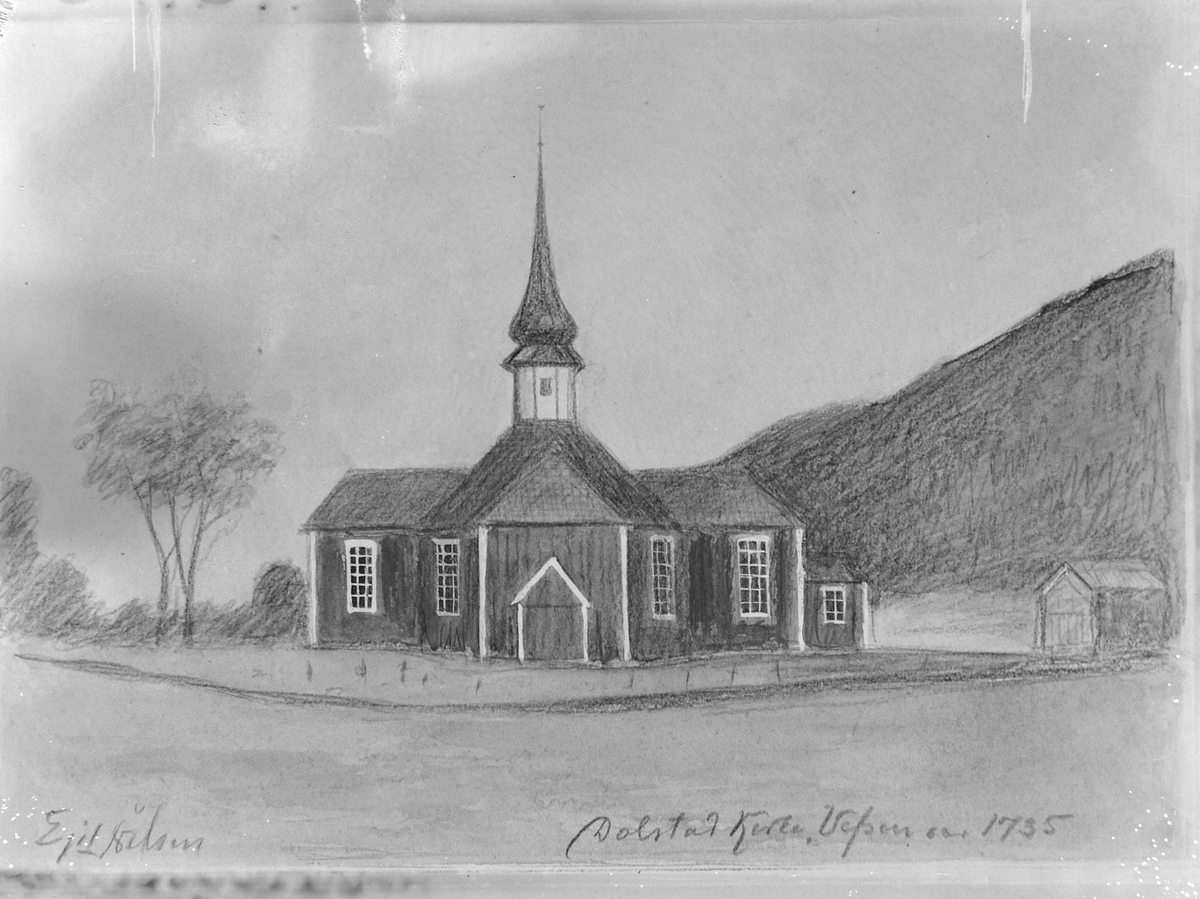 Dolstad Kirke. Tegning av Egil Nilsen
