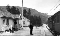 Gransherad stasjon med togekspeditøren på plattformen og tog