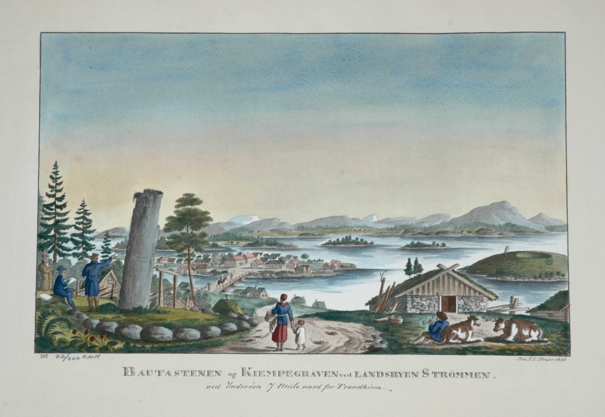 Prospekt, Strømmen, Inderøy, Nord-Trøndelag. Landskap med minnesmerke i forgrunnen, tettbebyggelse på øy i bakgrunnen.