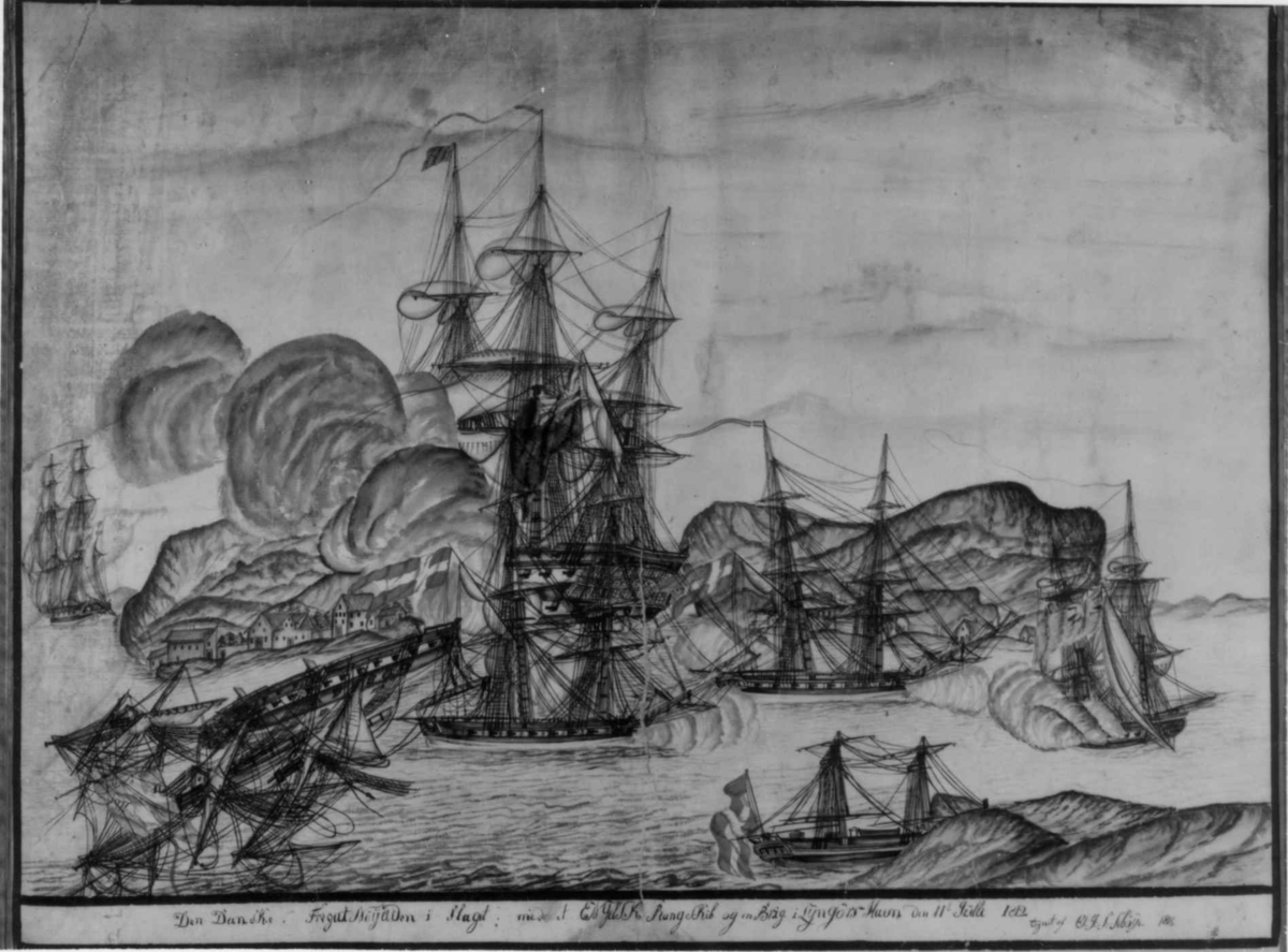 Sjøslaget i Lyngørs havn 6. juli 1812. Kampen omfattet det engelske linjeskipet Dictator og briggen Calypso. De danske-norske skip var, foruten Najaden, briggene Samsøe, Lolland og Kiel. Det sjette skip som sees var et Koffardiskip som lå i havnen. Najaden ble ødelagt.
