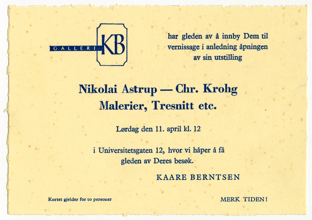 Invitasjon fra Galleri Kaare Berntsen til vernissage i anledning åpning av utstilling "Nikolai Astrup-Chr Krohg, Malerier, tresnitt etc" lørdag 11 april kl 12