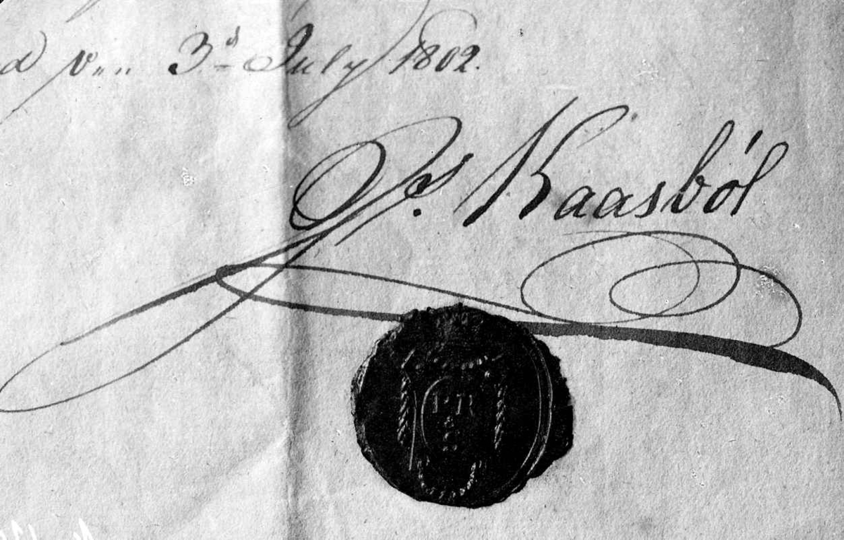 Kristiansund, Møre og Romsdal, Lunds nr.128. Segl og signatur  Kaasbøl, datert 3. juli 1802.