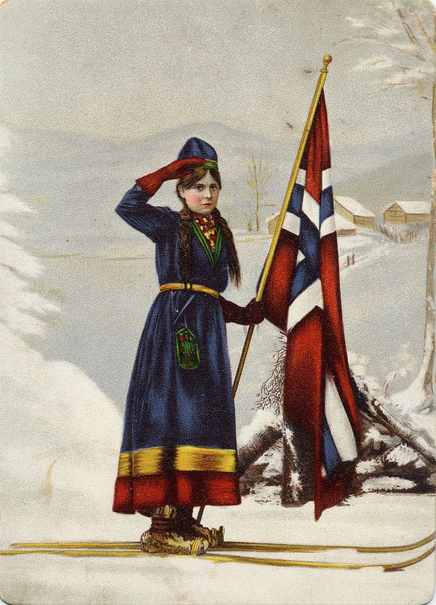 Postkort. Julehilsen. Vintermotiv. Kvinnelig skiløper i folkedrakt gjør honnør med norsk flagg i hånden. Datert 24.12.1898.