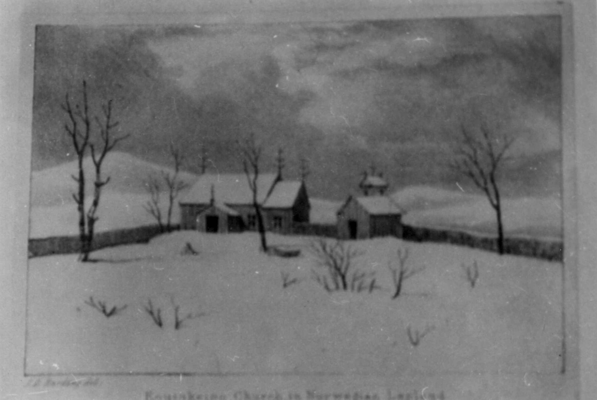 Kautokeino gamle kirke, 444, Finnmark, foto 1918 av grafisk blad av De Capell Brookes "A Winter in Lapland".