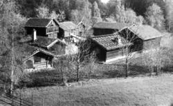 Numedalstunet på Norsk folkemuseum sett fra et tre. Fotograf