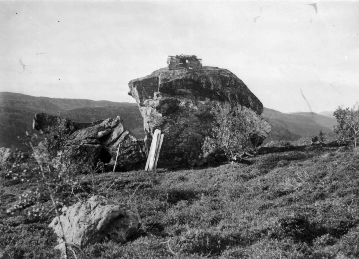 Gammelt stabbur på en flyttblokk, tilhører en fjellsame, Grense Jakobselv-fjellene, Finnmark, 1903. For oppbevaring av mat og gjenstander.