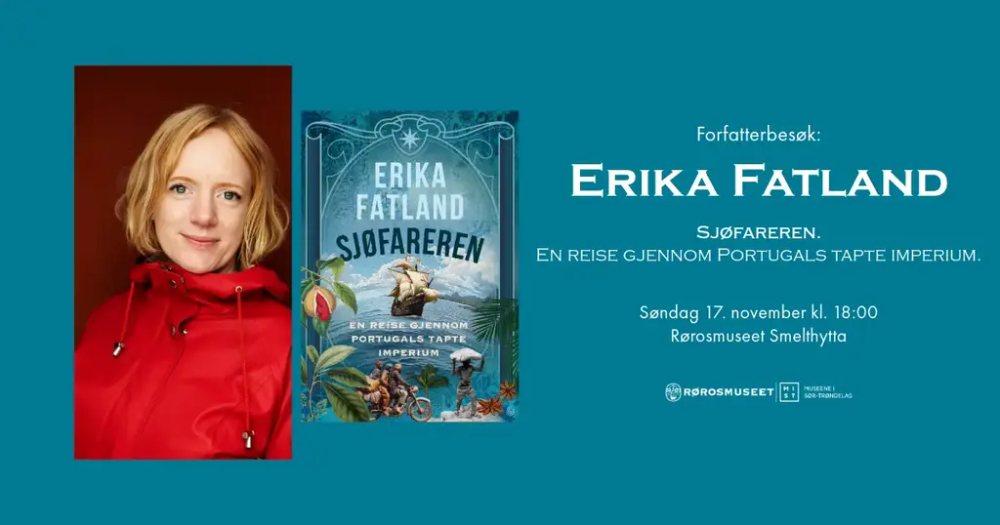 Banner med blå bakgrunn og bilde av forfatter Erika Fatland og bilde av hennes nye bok Sjøfareren. Tekst som beskriver hvor og når.