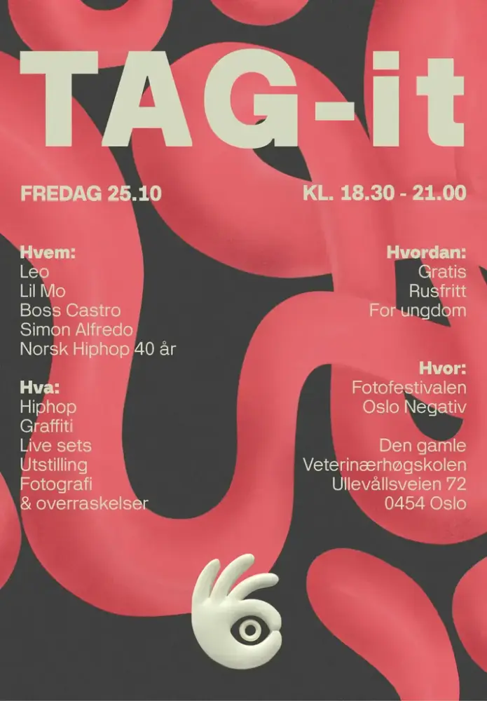 Sort plakat med rød grafikk og teksten "TAG-it Fredag 25.10 kl 18.30-21.00"