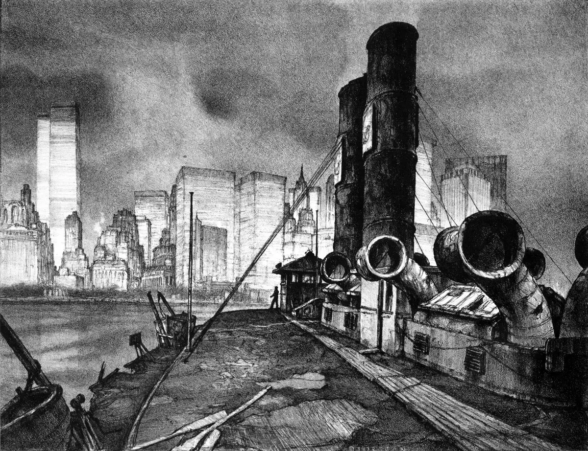 Lithograph by John A. Noble showing a derelict steam ferry in the foreground with the Manhattan skyline and Twin Towers in the background.