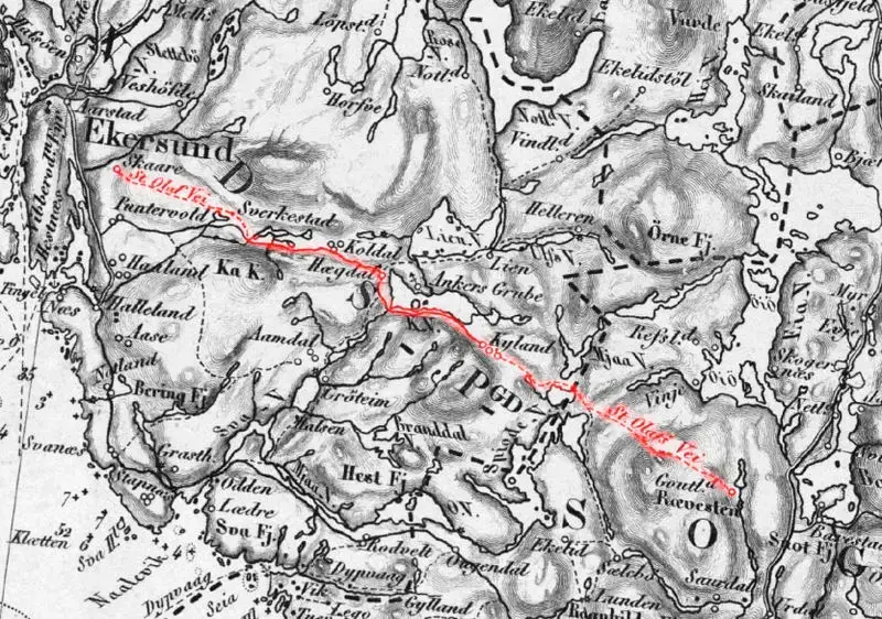 Utsnitt fra Amtskart over Stavanger amt, 1860. Rød markering lagt til av andre. Bilde hentet fra wikimedia commons, merket "offentlig eiendom".