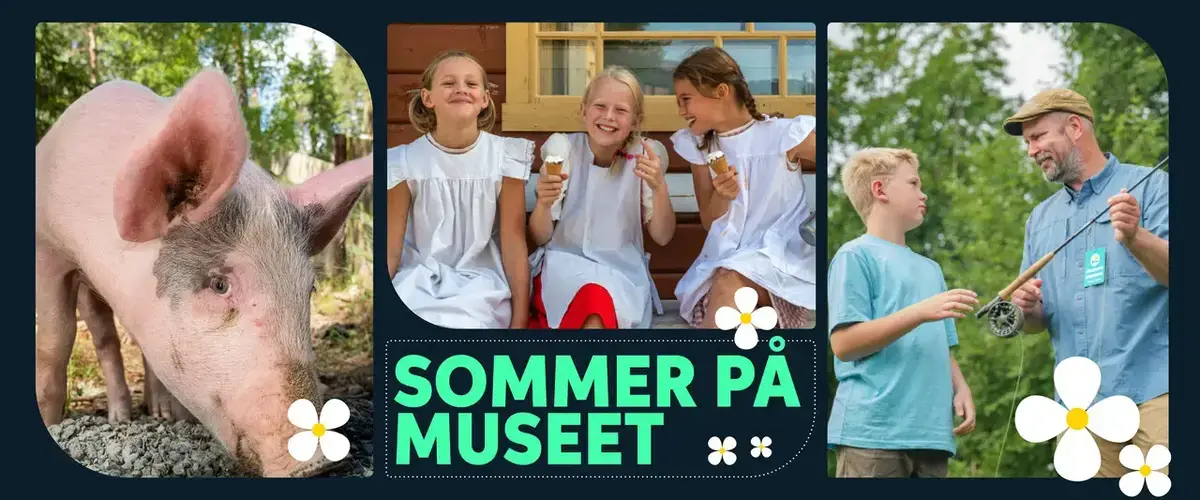 Banner med skriften sommer på museet. Avbildet en gris, tre jenter som spiser is og en mann som lærer en gutt å kaste med fluefiskestang 